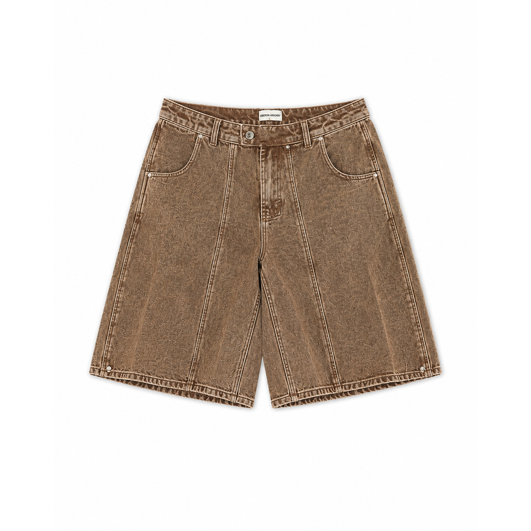 Washed Tobacco Brown Denim Shorts